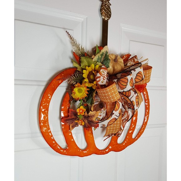 Orange Enamel Fall Pumpkin Wreath,‎ Fall Halloween Decor,  Sunflowers & Leaves - Picture 7 of 8